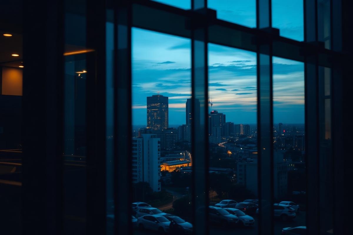 Nairobi skyline at dusk seen through office glass