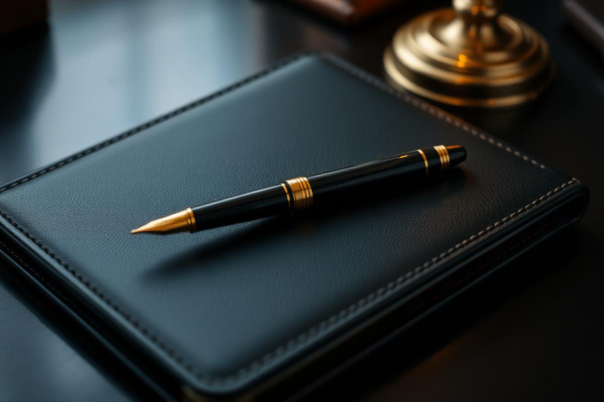 A gold fountain pen resting on a leather folio
